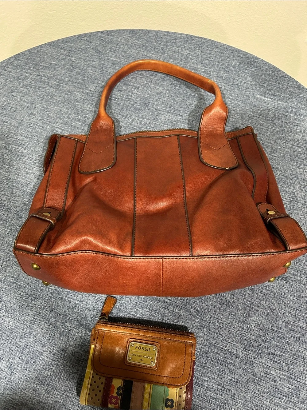 Fossil Vintage Reissue Satchel Rustic Brown Leather Tote with Brass Accents